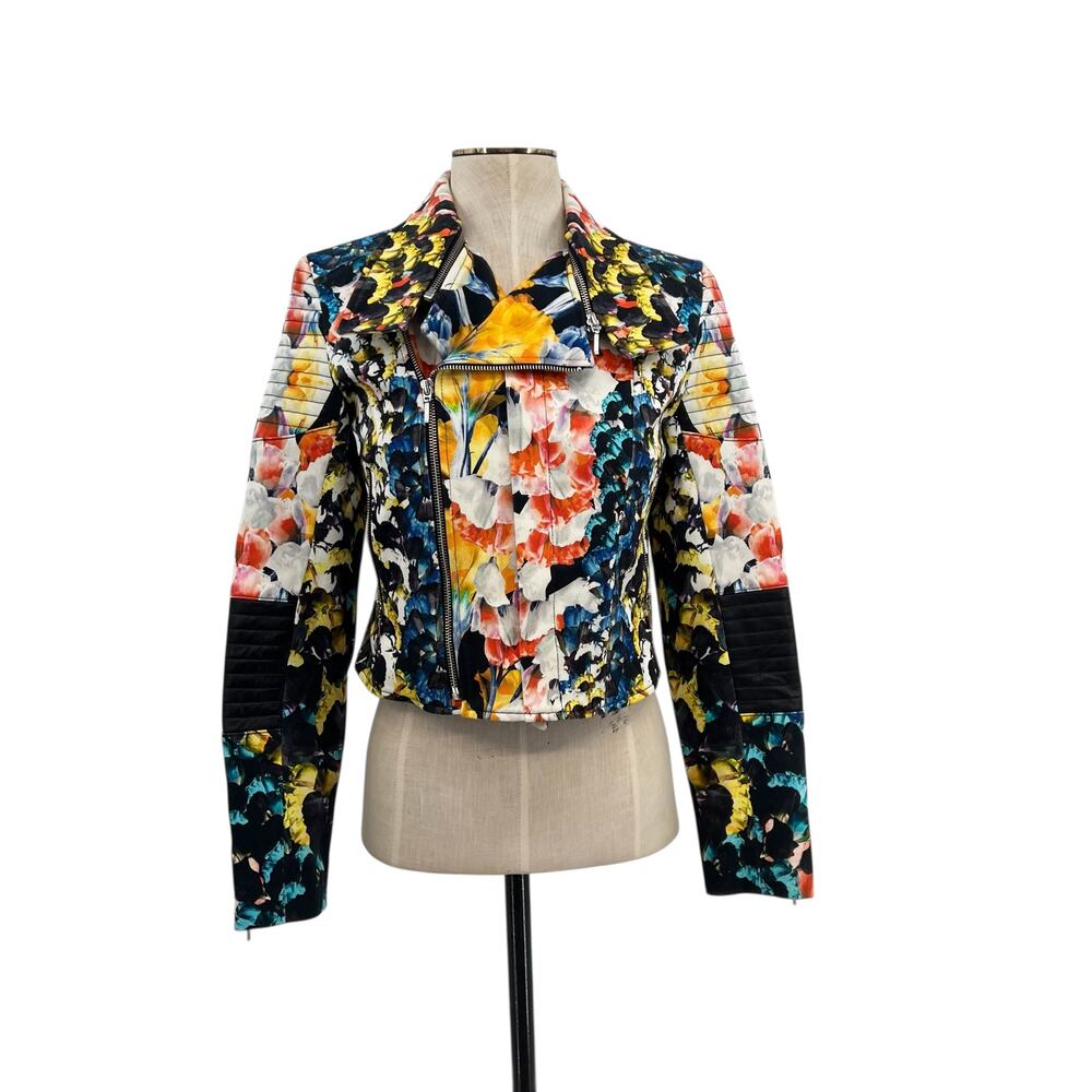 Nicholas Digi Floral Moto Jacket Cotton Blend Leather Trim Multicolor US 4